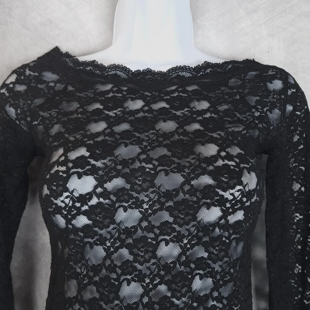 Free People Top Womens XS Black Floral Lace Sheer Coquette Fairy Goth Y2K